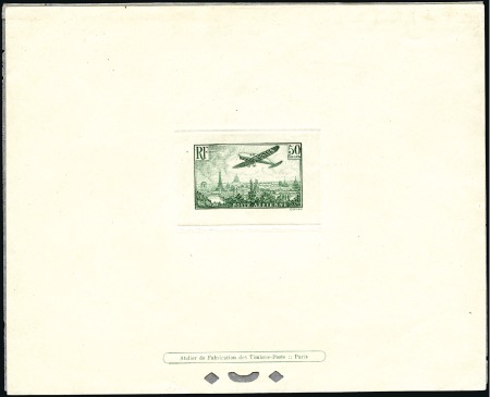 Stamp of France 1936 50Fr Plane over Paris, DARK GREEN colour vari