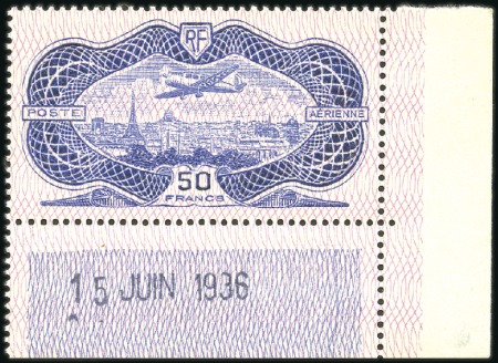 Stamp of France 1936 50Fr "Banknote" issue, corner sheet margin ex