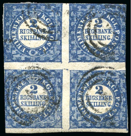 Stamp of Denmark » 2 Rigsbank Skilling DENMARK

The Unique 1851 2RBS Used Block of Four