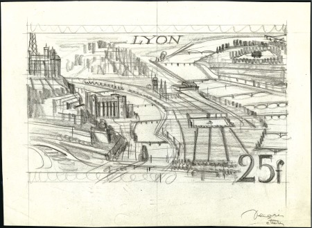 Stamp of France Artist's drawing for the Lyon issue but as 25Fr. v