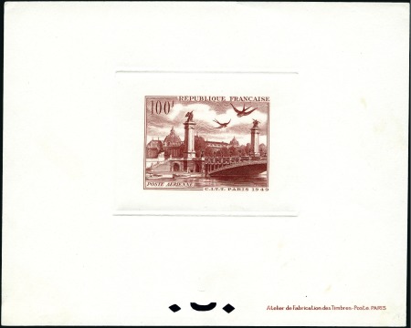 Stamp of France 1949 100Fr CITT Paris, sunken die proof on thin ca