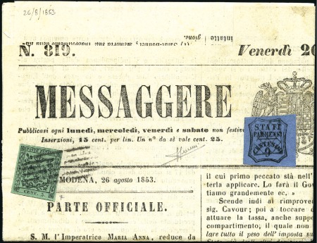 Stamp of Italian States » Parma » Italian States - Parma Newspaper stamps RARE PARMA & MODENA MIXED FRANKING

1853 9c on B