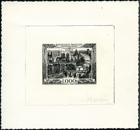Stamp of France 1950 1000Fr View of Paris, artist's sunken die pro