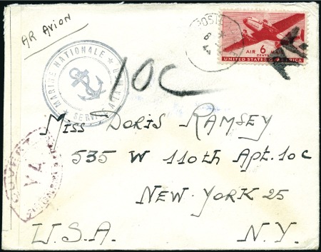 Stamp of France 1944-45 "RF" ovpt tying USA 6c airmail to cover, s