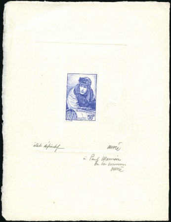 Stamp of France 1940 50Fr Guynemer, artist's sunken die proof on h