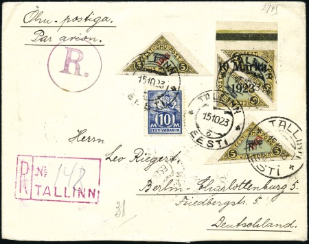 Stamp of Estonia 1923 (15 Oct.) Commercial reg'd airmail cover from