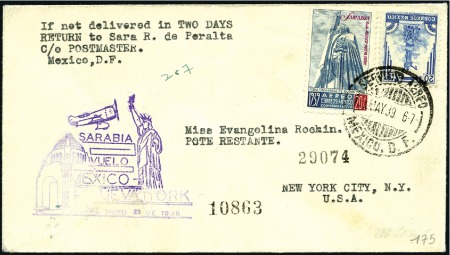 Stamp of Mexico 1939 (23 May) Sarabia flight cover to New York fra