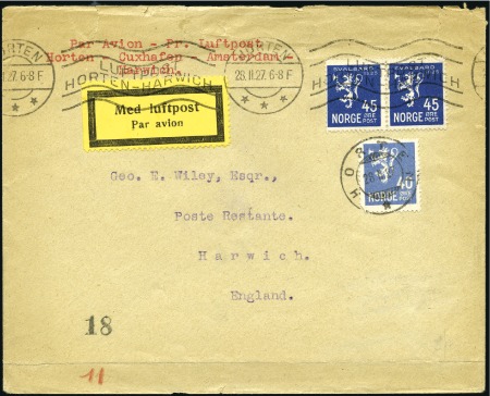 Stamp of Norway 1927 (28 Feb.) FFC, Horten to Harwich (England) vi