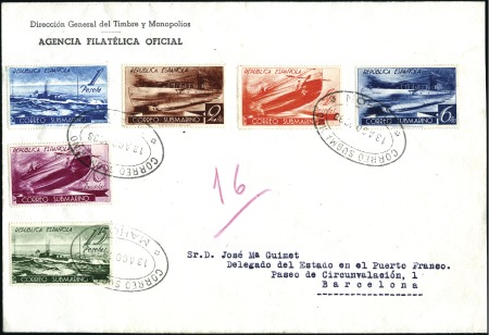 Stamp of Spain 1938 Submarine set tied to cover by Mahon "Correo 