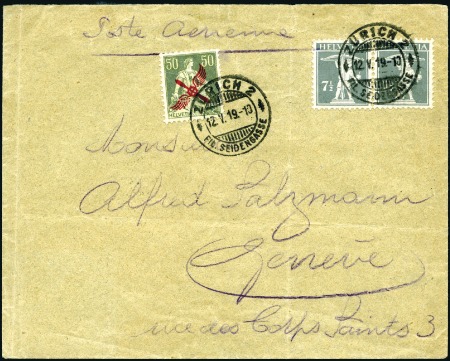 Stamp of Switzerland / Schweiz Switzerland 1919 50c First Airmail, early flown cover