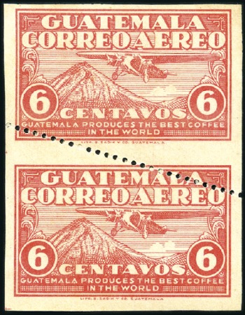 Stamp of Guatemala 1930 6c Airmail pair imperf/part perf unique variety