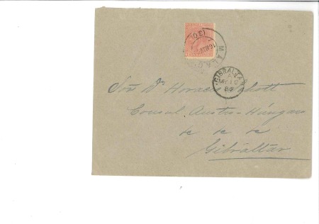 Stamp of Spain 1889 (May 16) Envelope from Malaga to GIBRALTAR wi