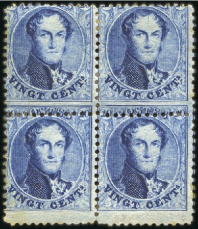 Stamp of Belgium » Belgique. 1863 Médaillons dentelés 12 1/2 20c Bleu, bloc de quatre, neuf avec gomme original