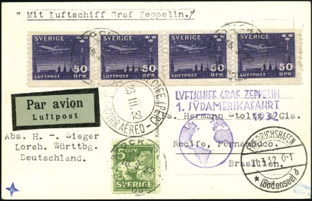 Stamp of Sweden 1932 (March) 1st South America Flight, ppc franked