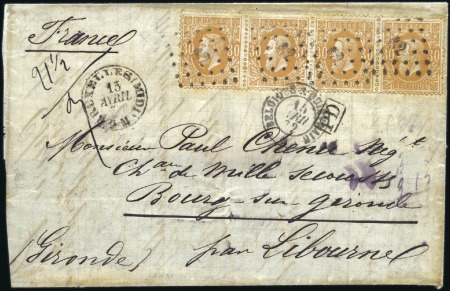 Stamp of Belgium » Belgique. 1869-83 Nouveaux types et nouvelles valeurs - Émission 30c ambre en bande de 4 sur partie de lettre pesan