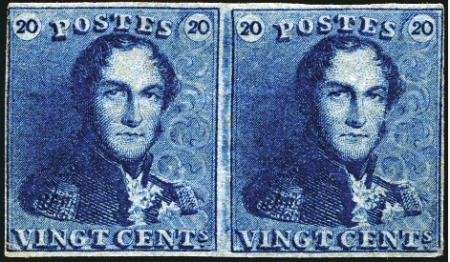 Stamp of Belgium » Belgique. 1849 Epaulettes - Émission 20c Bleu intense, en paire, marges intactes à bien