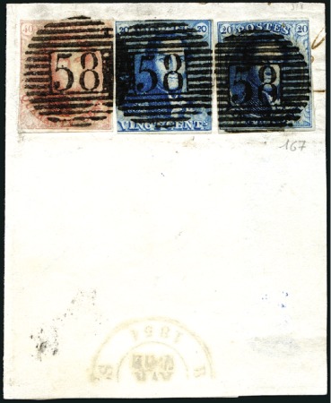 Stamp of Belgium » 1849 Epaulettes - Affranchissements mixtes, composés, etc. 20c Bleu ensemble avec "Médaillons" 20c et 40c, qu