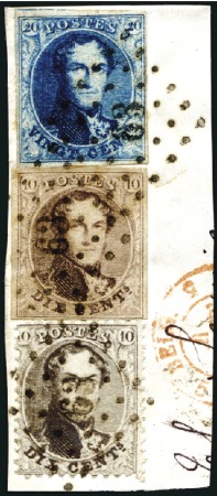 Stamp of Belgium » Belgique. 1851 Médaillons (filigrane sans cadre) - Affranchissements mixtes, composés, etc. 20c Bleu avec 10c brun de 1858 et 10c de 1863 dent