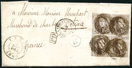Stamp of Belgium » Belgique. 1858 Médaillons arrondis - Émission 10c Brun, en bloc de quatre, filet de droite effle