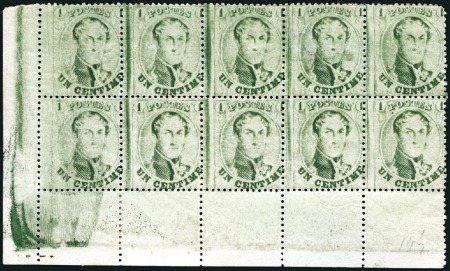 Stamp of Belgium » Belgique. 1863 Médaillons dentelés 14 1/2 1c Vert-jaune, bloc de DIX avec coin de feuille, l