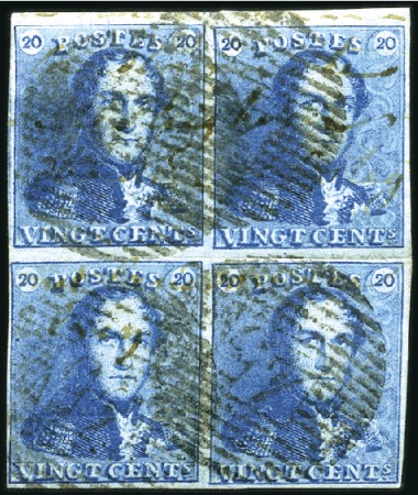 Stamp of Belgium » Belgique. 1849 Epaulettes - Émission 20c Bleu intense, planche II, en bloc de quatre (p