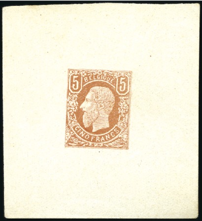 Stamp of Belgium » Belgique. 1869-83 Nouveaux types et nouvelles valeurs - La Genèse 5F Brun pâle, épreuve du coin sur papier jaunâtre,