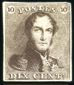 Stamp of Belgium » Belgique. 1849 Epaulettes, La Genèse - Épreuves 10c Brun-roux, sur papier épais chamois pâle, mini