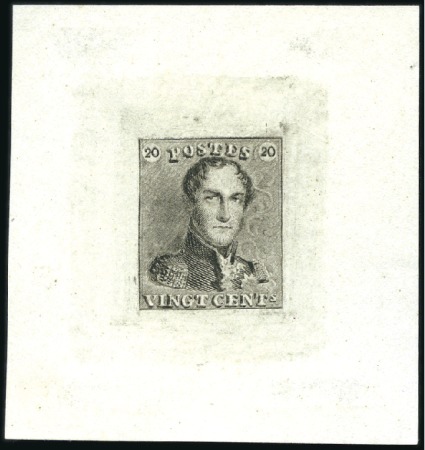 Stamp of Belgium » Belgique. 1849 Epaulettes, La Genèse - Épreuves 20c Noir, tirage du coin sans guillochis sur papie