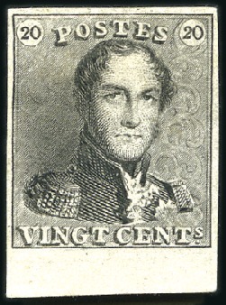Stamp of Belgium » Belgique. 1849 Epaulettes, La Genèse - Épreuves 20c Noir sur papier épais blanc, avec partie de bo