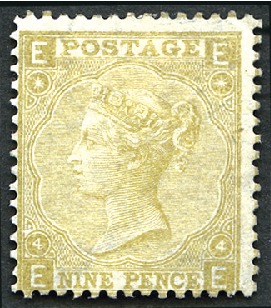 Stamp of Great Britain » 1855-1900 Surface Printed 1865-67 9d Straw pl.4 on thick paper, unused (regu