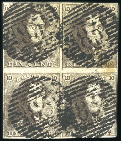 Stamp of Belgium » Belgique. 1849 Epaulettes - Émission 10c Brun, en bloc de quatre, positions 184-185 et 
