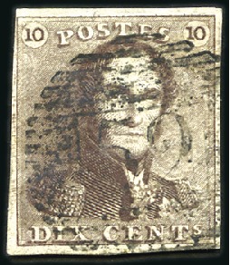 Stamp of Belgium » Belgique. 1849 Epaulettes - Émission 10c Brun-sépia, bien margé, oblitération de la per