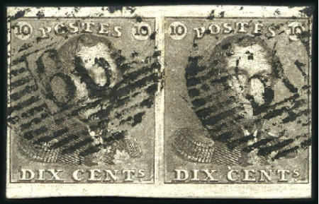 Stamp of Belgium » Belgique. 1849 Epaulettes - Émission 10c Brun en paire margée à bien margée avec bas de