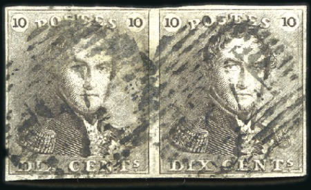 Stamp of Belgium » Belgique. 1849 Epaulettes - Émission 10c Brun en paire margée, oblitération de la perce