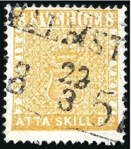 Stamp of Sweden » 1855 Skilling Banco 8sk Dull Yellow-orange, HALMSTAD / 22.3.1857 boxed