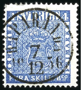 Stamp of Sweden » 1855 Skilling Banco 4sk Bright blue on dense background, struck by cen