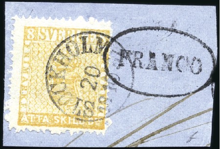 Stamp of Sweden » 1855 Skilling Banco 8sk Bright yellow, neatly tied on fragment by oval