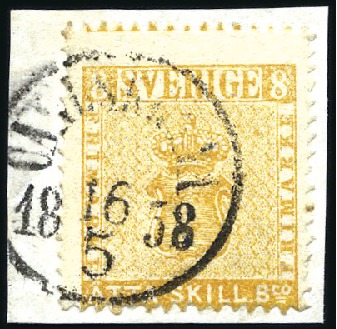Stamp of Sweden » 1855 Skilling Banco 8sk Orange tied to fragment by clear type 2 CARLSK