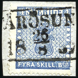 Stamp of Sweden » 1855 Skilling Banco 4sk Blue, tied on fragment by part FÅRÖSUND / 28.6