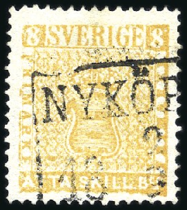 Stamp of Sweden » 1855 Skilling Banco 8sk Dull Yellow-orange, cancelled by part clear NY