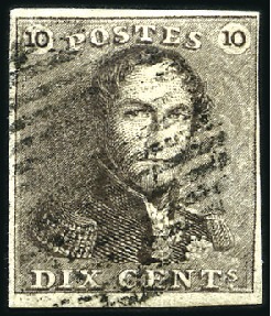 Stamp of Belgium » Belgique. 1849 Epaulettes - Oblitérations RURALE: 10c Brun, margé, oblitération rurale à 14 