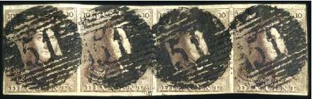Stamp of Belgium » Belgique. 1849 Epaulettes - Émission 10c Brun-acajou, en bande de quatre margée, oblité