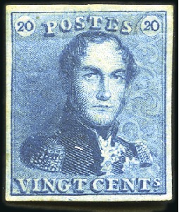 Stamp of Belgium » Belgique. 1849 Epaulettes - Émission 20c Bleu intense, très bien margé, qqs légers plis