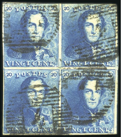 Stamp of Belgium » Belgique. 1849 Epaulettes - Émission 20c Bleu en BLOC DE QUATRE, oblitération de la per