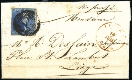 Stamp of Belgium » Belgique. 1849 Epaulettes - Émission 20c Bleu, bien margé, oblitération de la perceptio