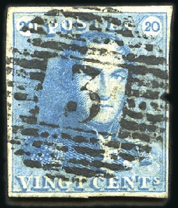 Stamp of Belgium » Belgique. 1849 Epaulettes - Émission 20c Bleu, bien margé, oblitération de la perceptio