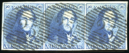 Stamp of Belgium » Belgique. 1849 Epaulettes - Émission 20c Bleu, bande horizontale de trois, largement ma
