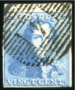 Stamp of Belgium » Belgique. 1849 Epaulettes - Émission 20c Bleu, margé avec haut de feuille, oblitération