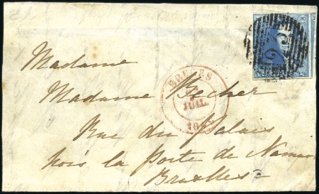 Stamp of Belgium » Belgique. 1849 Epaulettes - Émission 20c Bleu, margé (plus grande partie du voisin de d