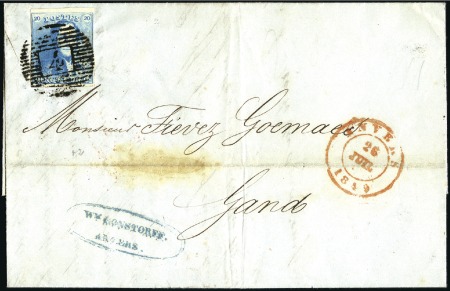 Stamp of Belgium » Belgique. 1849 Epaulettes - Émission 20c Bleu, 3 marges (coup de débitage à gauche), ob